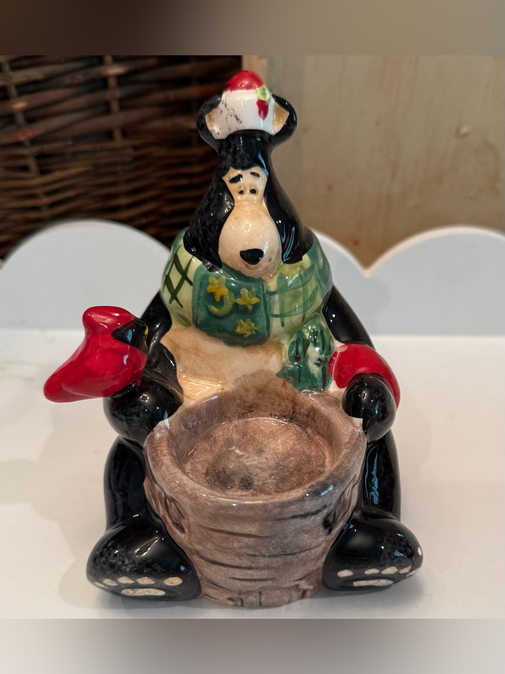 Vintage Christmas Winter Ceramic Black Bear Tealight Candle Holder 5 1/2 Inches